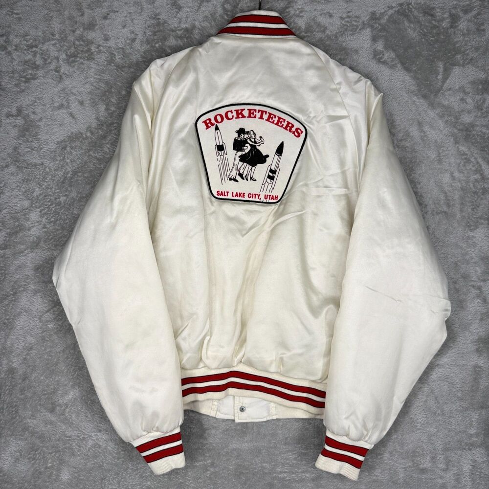 Vtg 80s Swing Dancing Jacket Mens Large Rocketeers SLC Utah Pla-Jac Satin Snap
